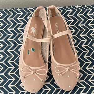 TOP Moda Blush Mesh Ballet Flats with Bow and Rhinestones
